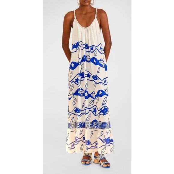 Farm Rio Pitta Waves Sleeveless Linen Blend Maxi Dress‎ SIZE SMALL - Picture 1 of 7